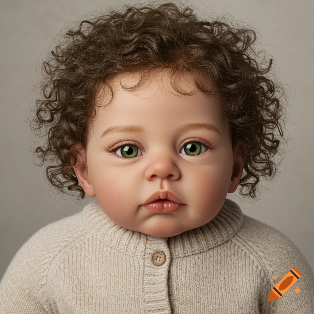 Close-up studio portrait of a realistic baby doll with green eyes and curly hair wearing a beige sweater.
