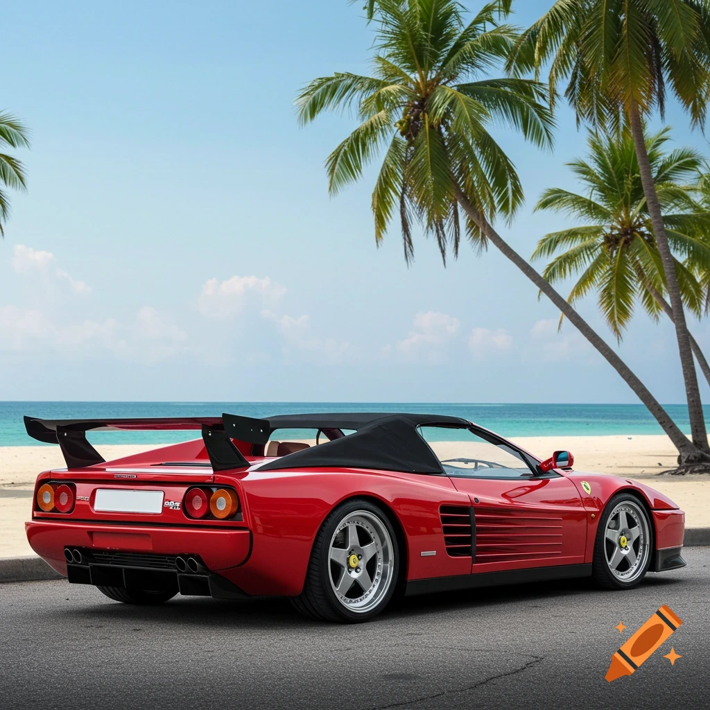 A red sports car parked on a road next to a tropical beach with palm trees.