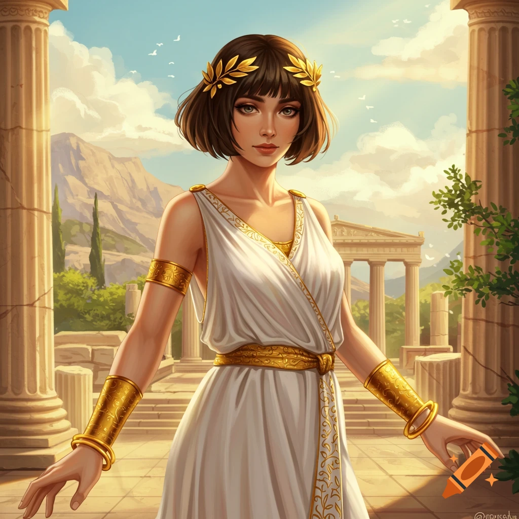 A woman dressed as a Greek goddess wearing a wreath and golden armbands stands among columns with a temple in the background.