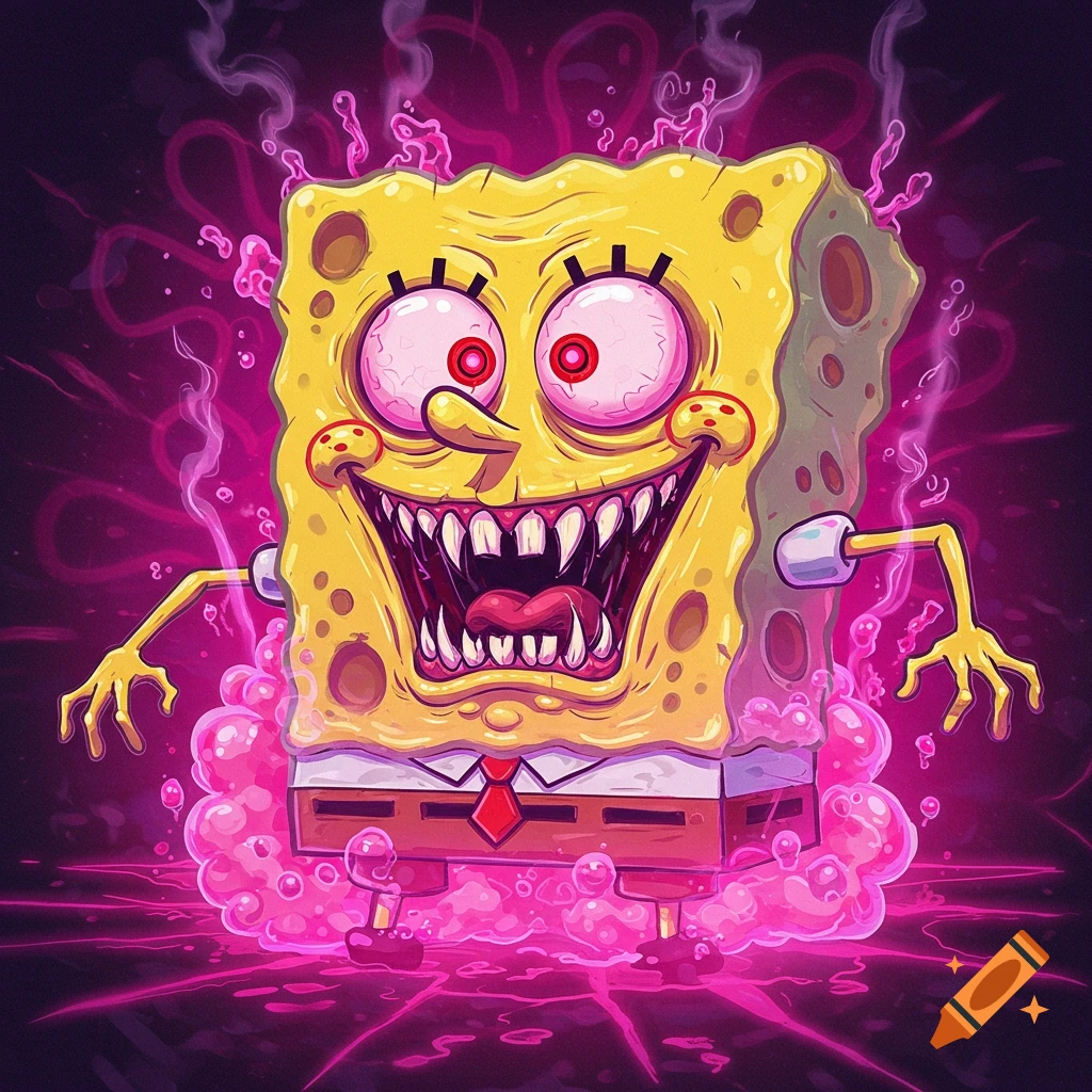 Creepy monstrous Spongebob with sharp teeth and glowing eyes surrounded by pink smoke, digital art.