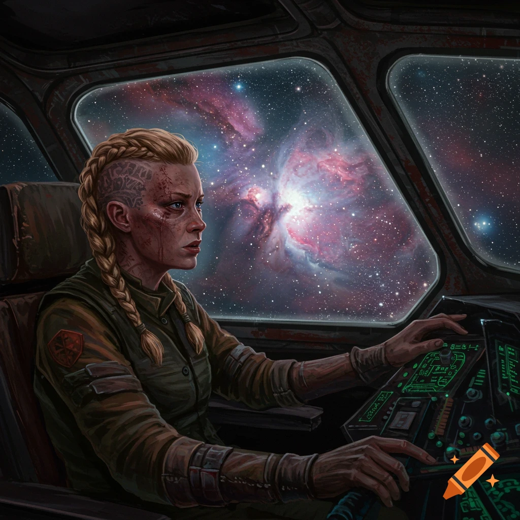 A woman with braids and scars is in a spaceship cockpit looking at a nebula.