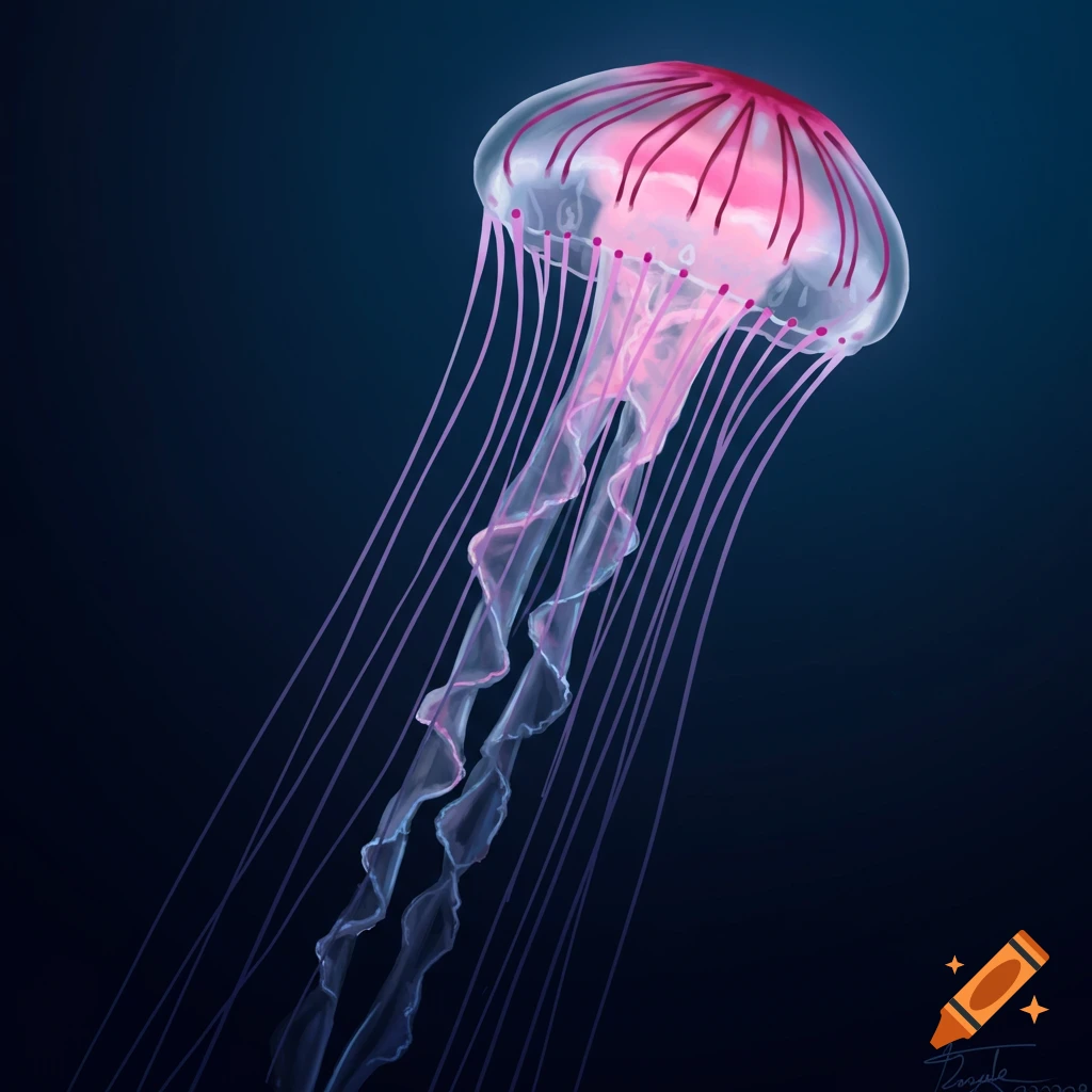 A translucent pink jellyfish with long tentacles in dark water.