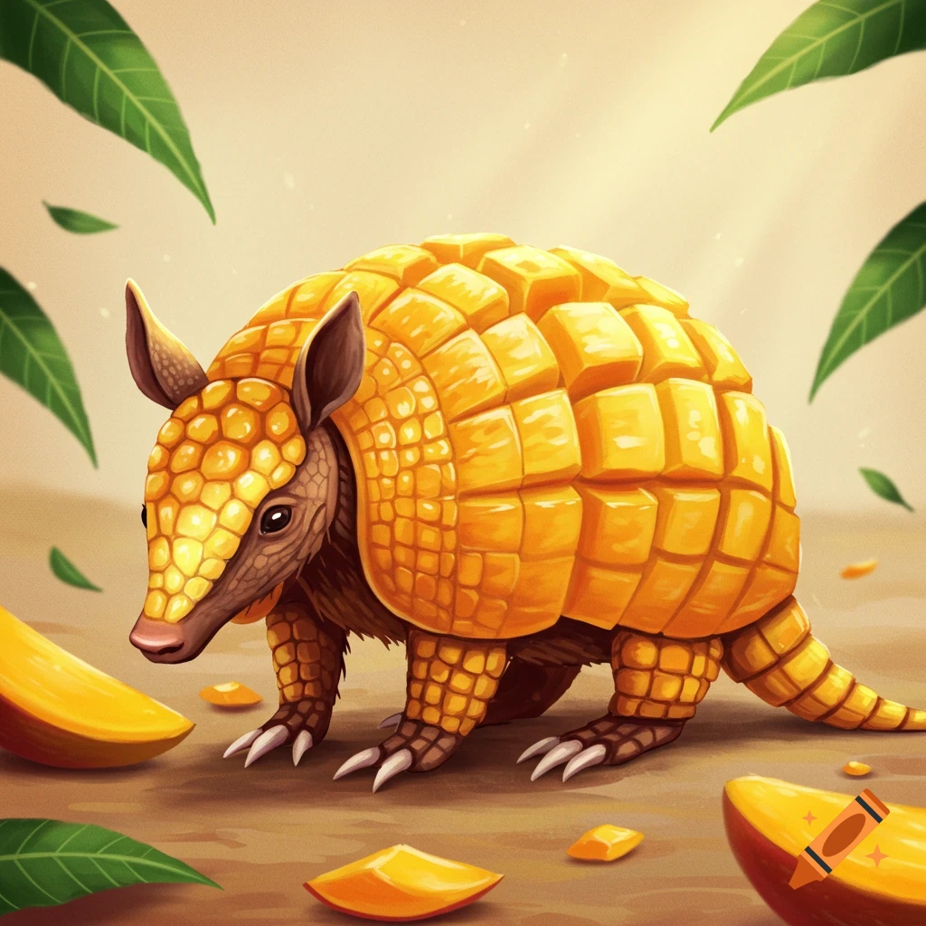 An armadillo with a mango shell is surrounded by mango slices and leaves.