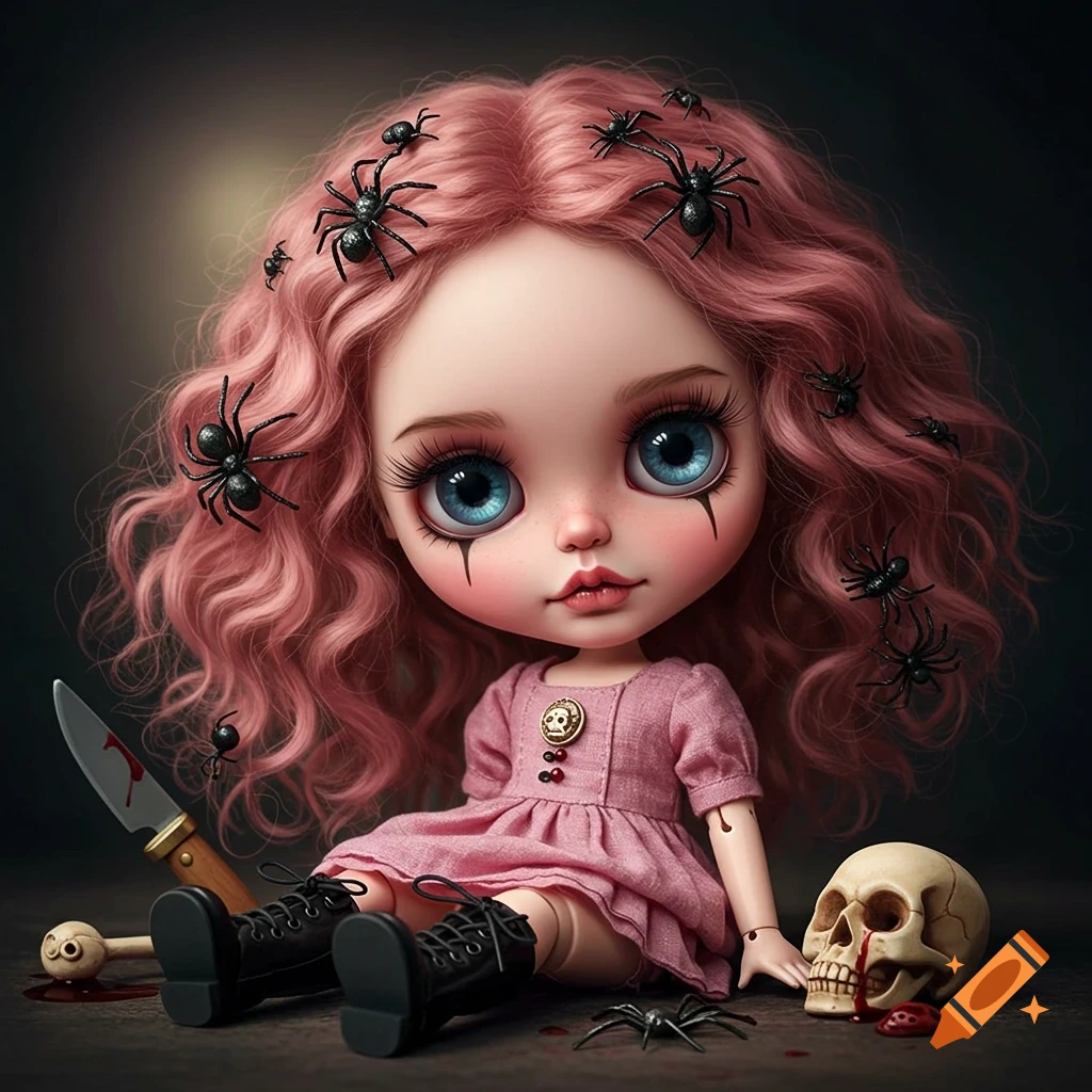 A doll with pink hair, spiders, a knife, and a skull.
