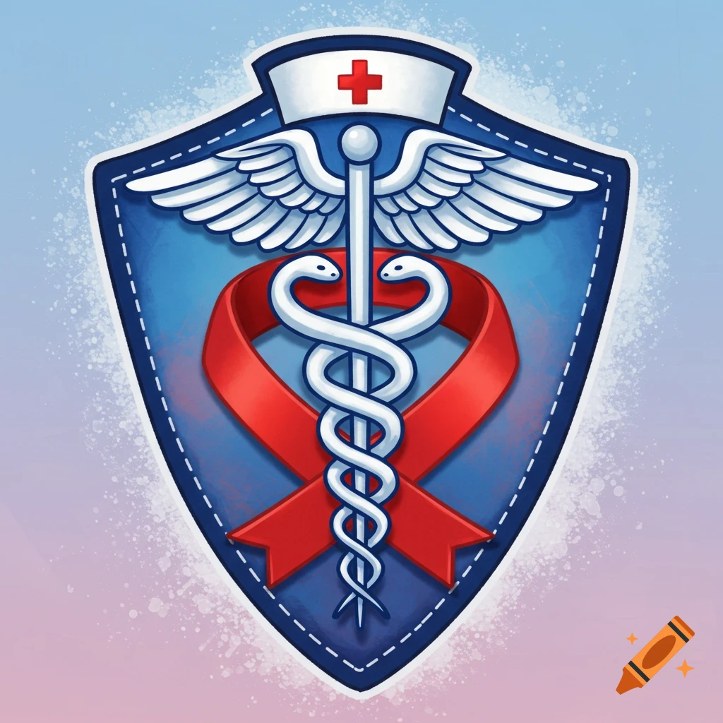Nurse logo patch with a caduceus, red ribbon, and nurse cap.