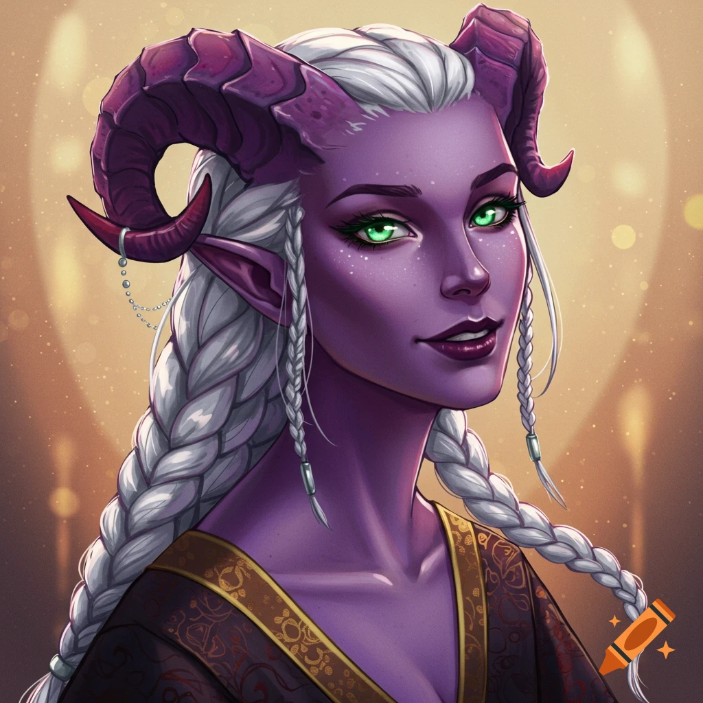 A portrait of a purple-skinned Tiefling woman with white braided hair, green eyes, and ornate purple horns.