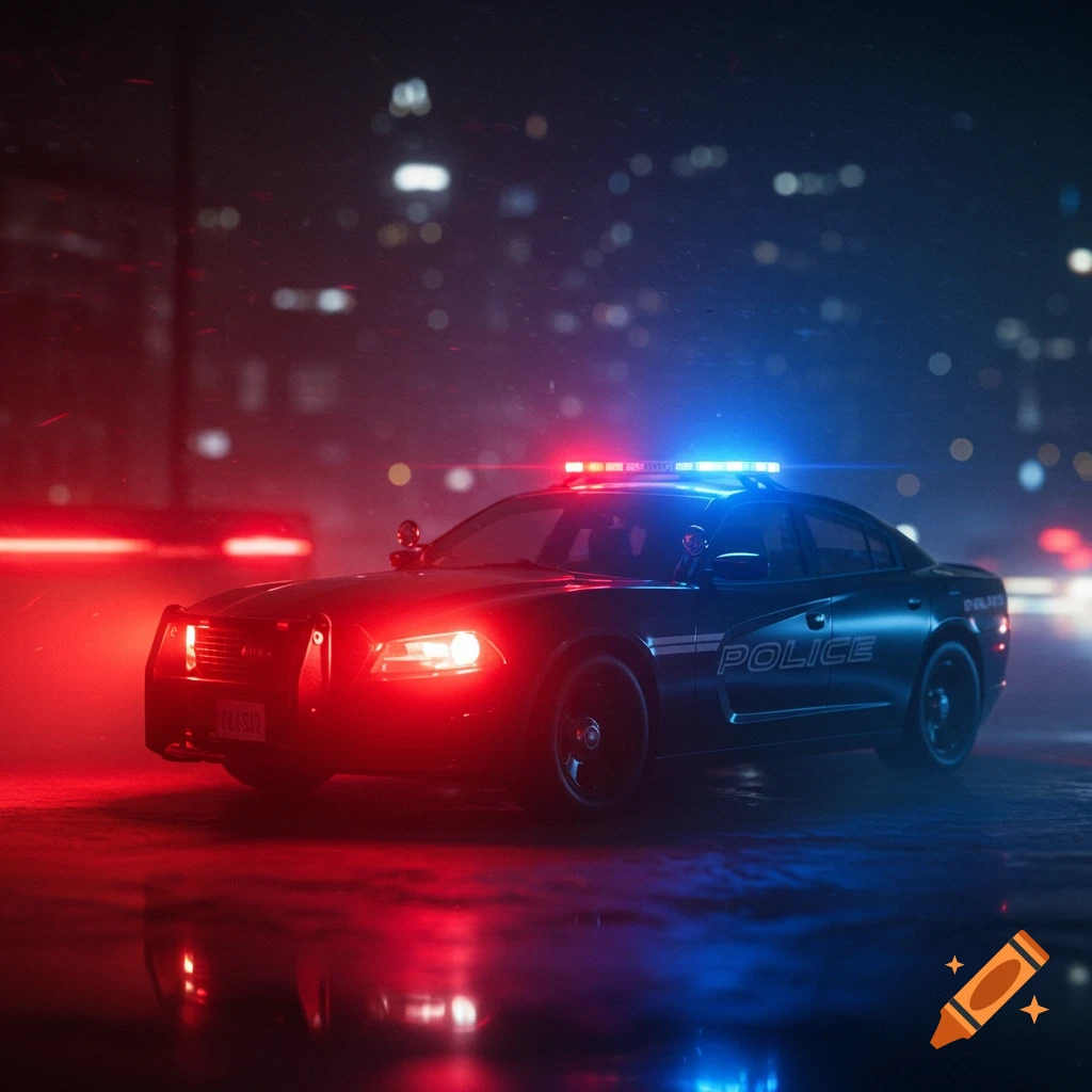 A police car with red and blue lights flashing at night.