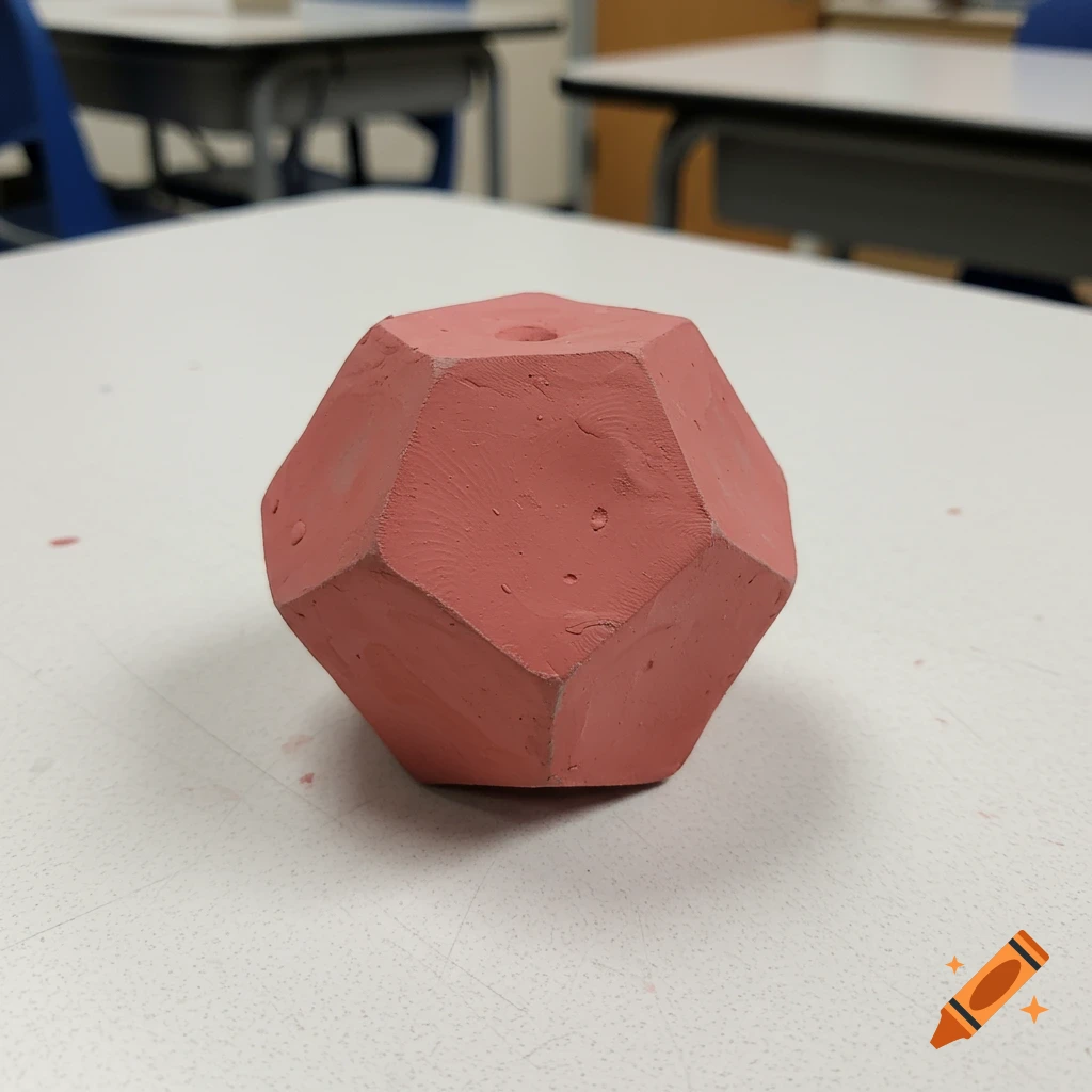 Pink geometric clay object on a white table in a classroom.