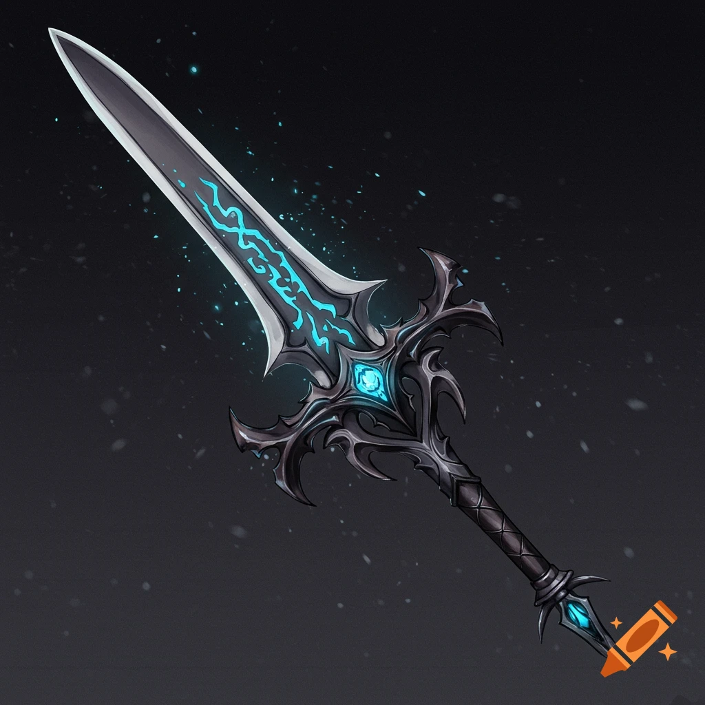 A dark fantasy sword with glowing blue markings and a blue gem on the hilt against a dark background with light speckles.