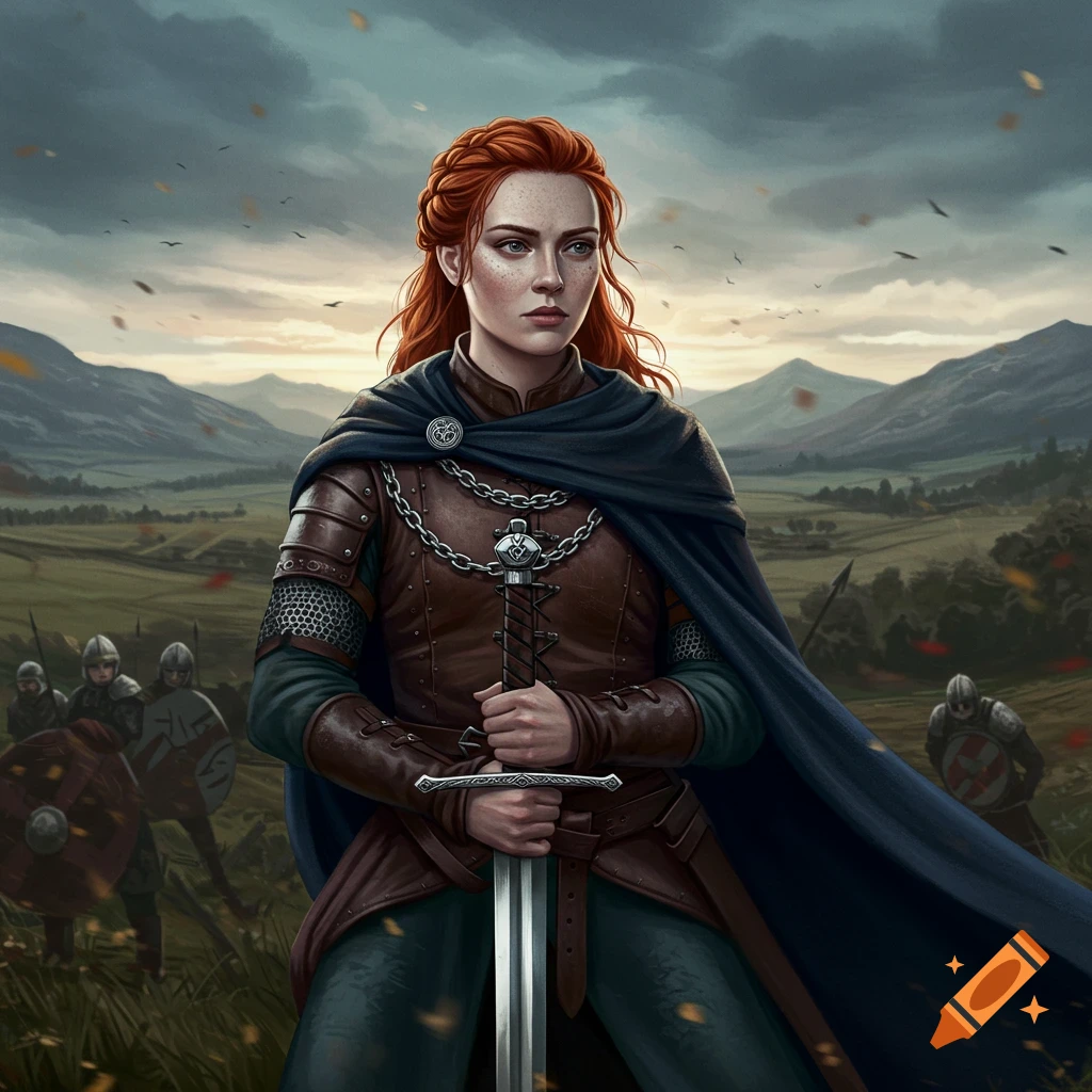 A female warlord in medieval armor with red hair holds a sword in a landscape with soldiers.