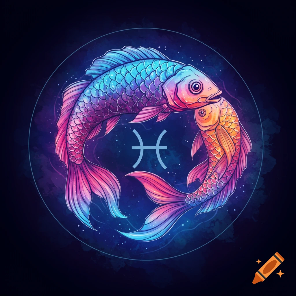 Colorful image of two fish forming a circle around the Pisces symbol.