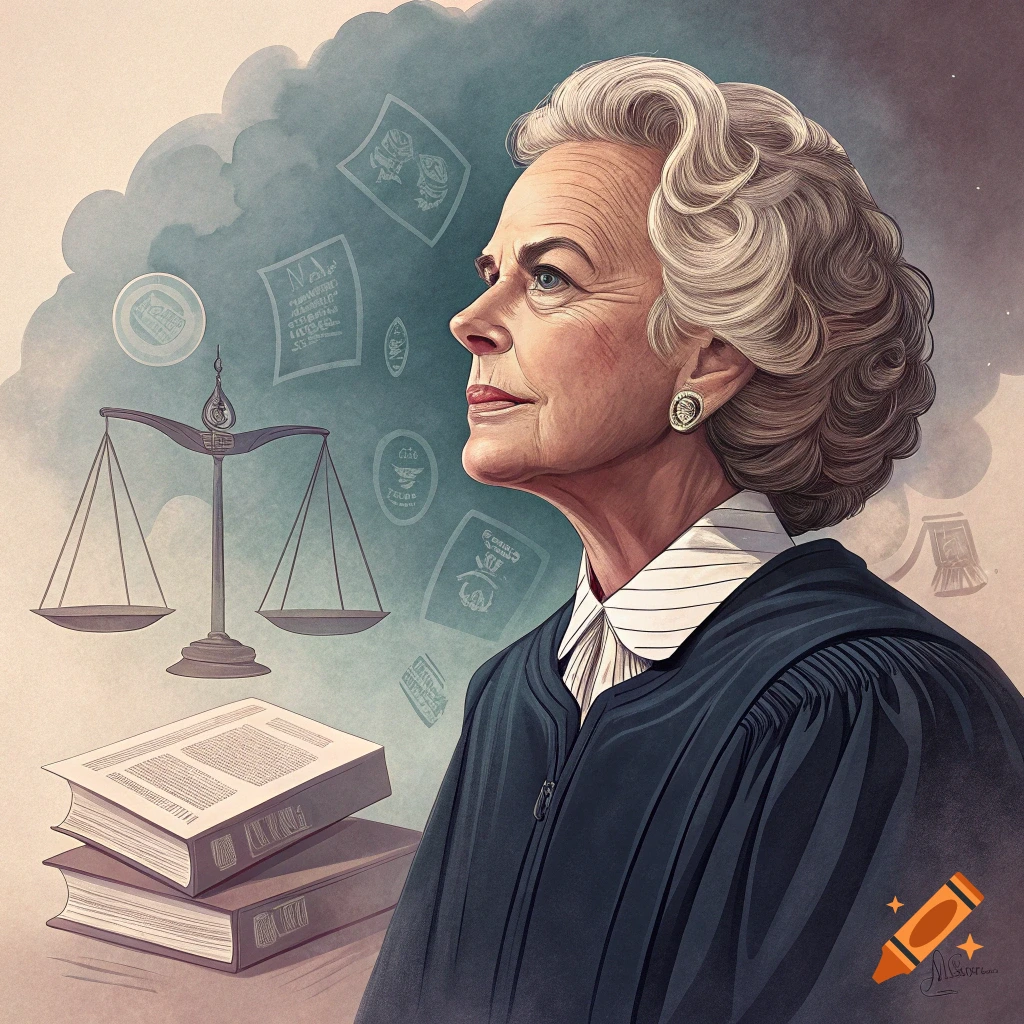An illustration of a judge in profile with scales of justice, books, and papers in the background.