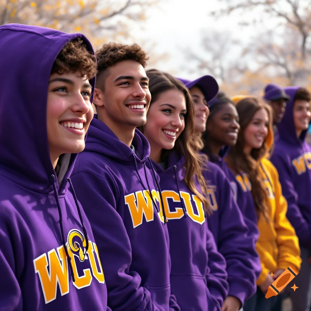 Group of students in purple and yellow hoodies with WCU letters and ram logos.