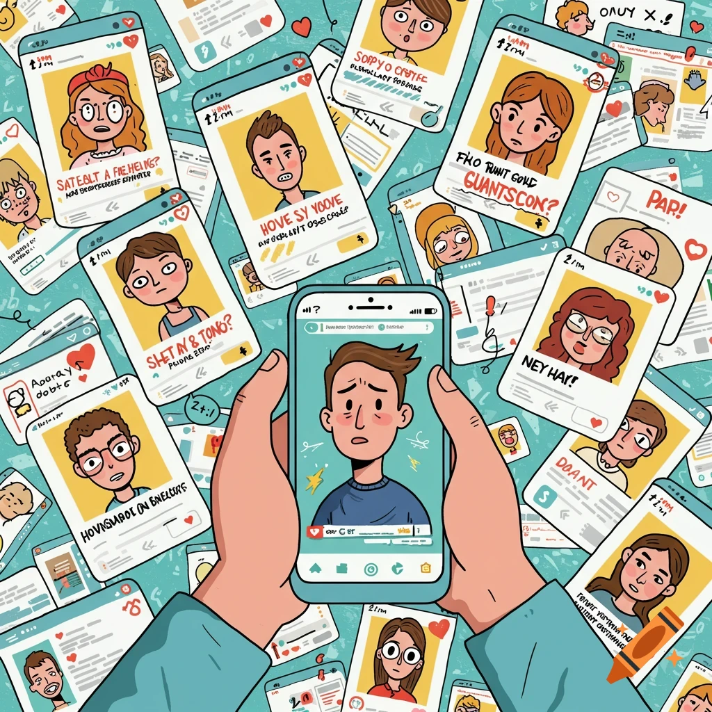 Cartoon of person looking at a dating app on a phone, surrounded by profile cards.