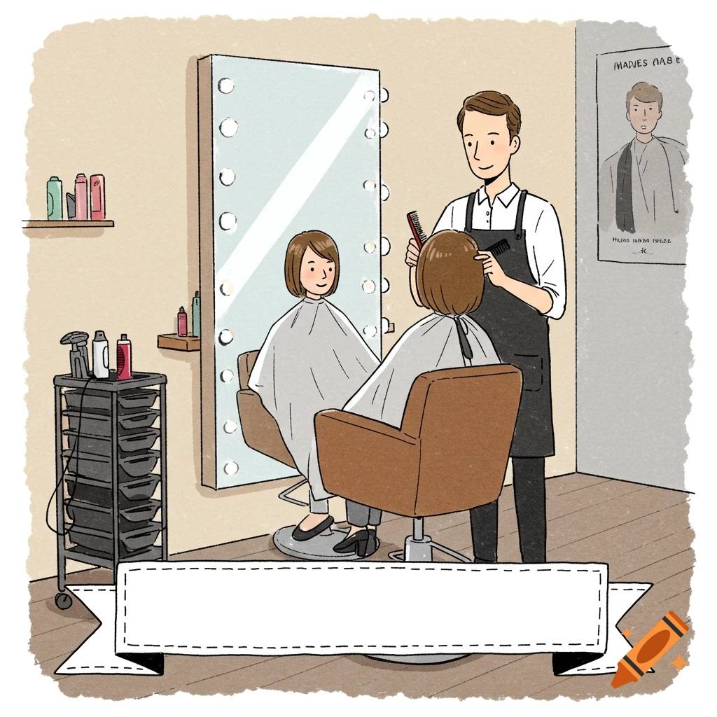 Cartoon watercolor illustration of a hairdresser giving a woman a haircut in a salon with a reflection in the mirror and a blank banner below.