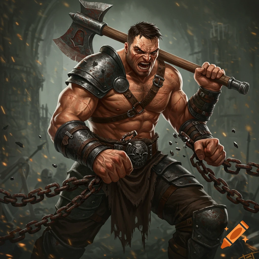 Muscular fantasy warrior breaking chains, holding an axe in a ruined setting.