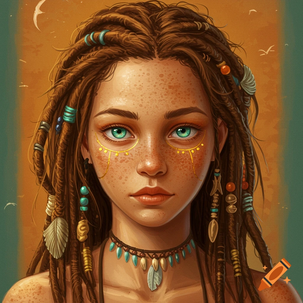 Portrait of a young woman with dreadlocks, freckles, face paint, and necklace.