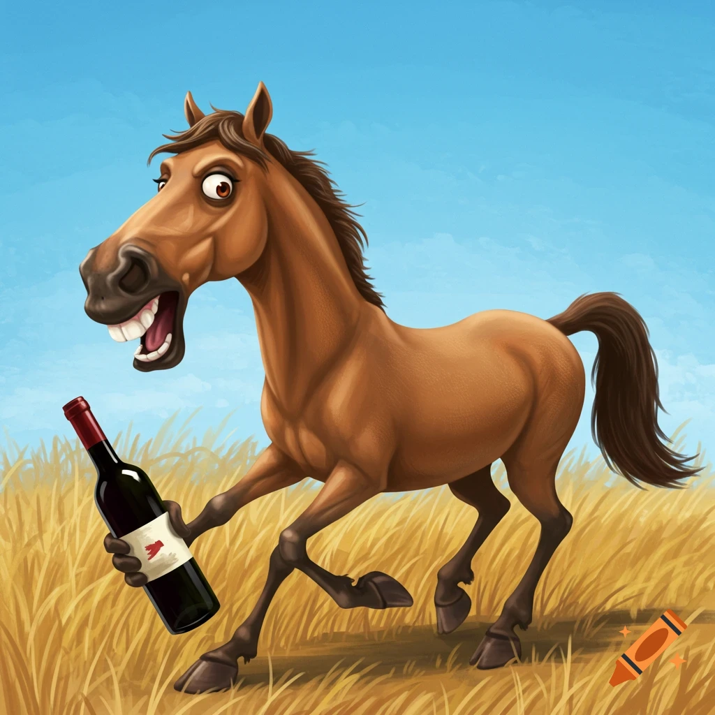 Cartoon horse running through grass holding a bottle of wine with a surprised expression.