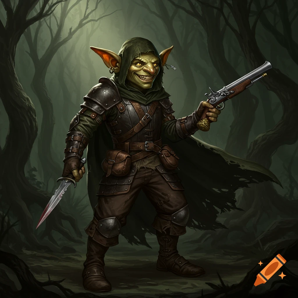 A goblin in leather armor and a tattered cloak stands in a dark forest, holding a dagger and a flintlock pistol.
