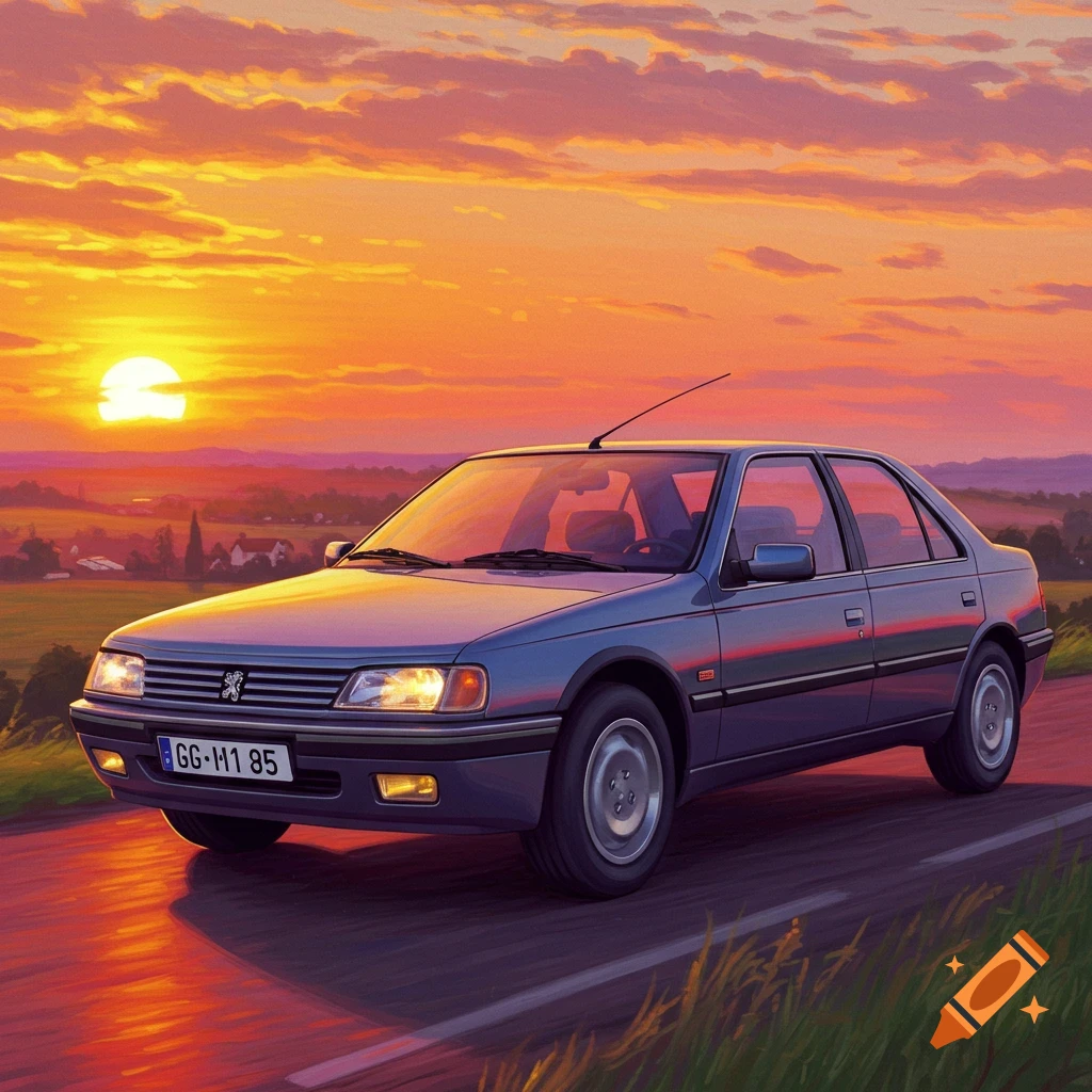 A blue Peugeot 405 drives on a road at sunset