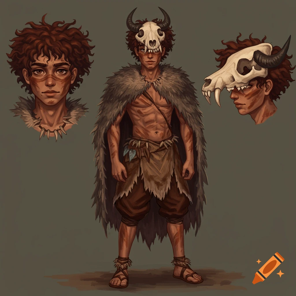 A fantasy tribal boy with curly hair wearing a skull mask and fur cape.