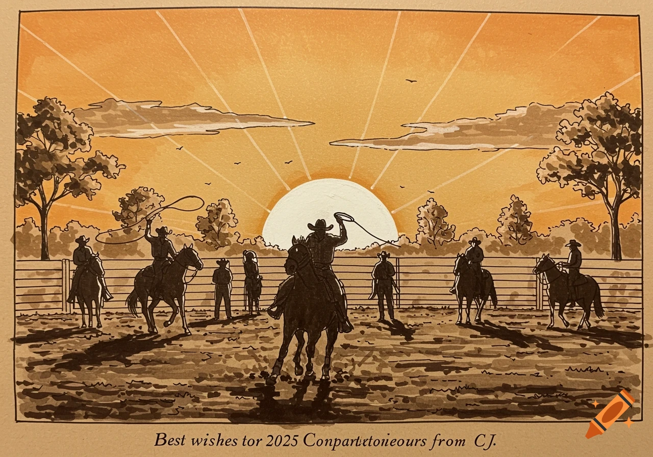 Stylized sketch of a rodeo scene at sunrise with cowboys and cowgirls on horses, with text at the bottom.