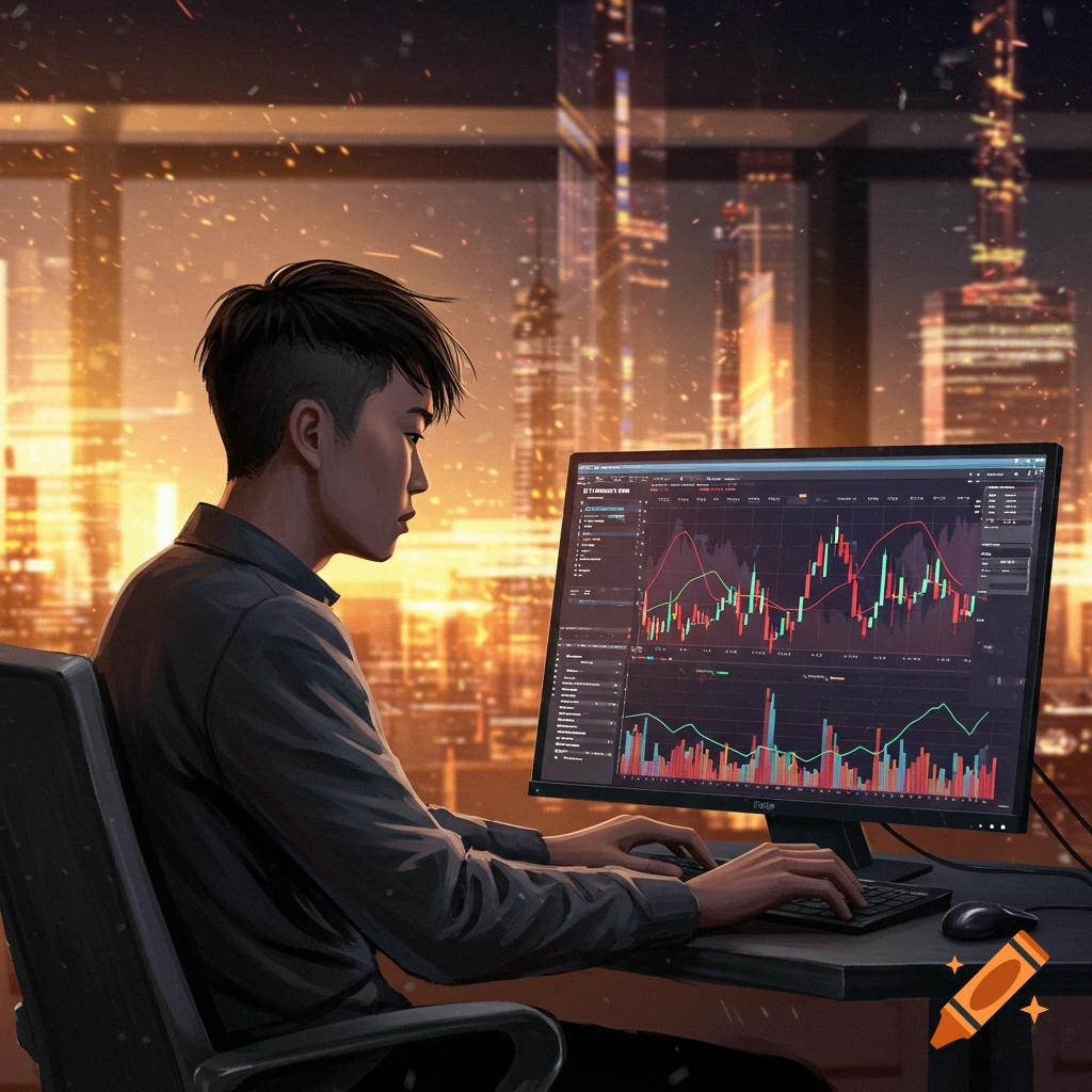 A person trading forex on a computer overlooking a city skyline.