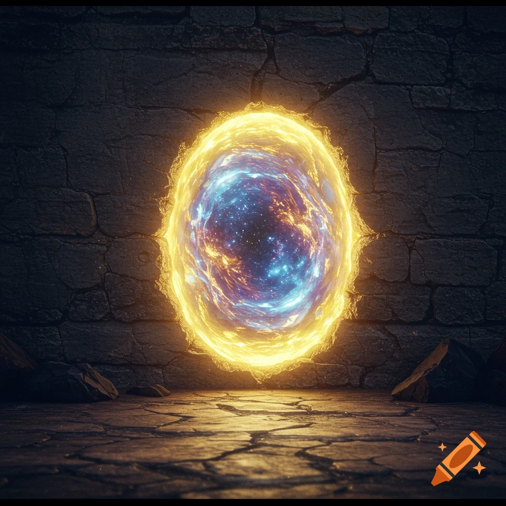 A glowing yellow and blue portal in a dark stone wall and cracked ground.