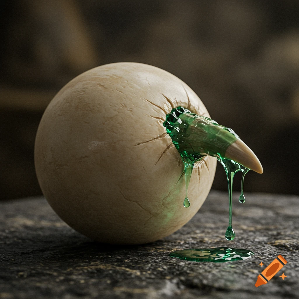 A bone-like orb with a fang protruding from a crack, dripping green liquid onto a rocky surface.