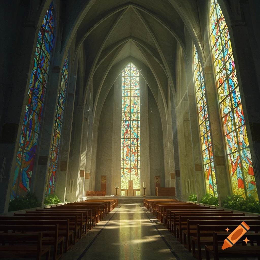A modern church interior with sunlight streaming through large stained glass windows onto pews.
