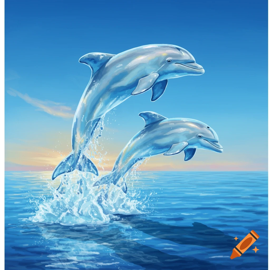 Two dolphins jumping from the ocean