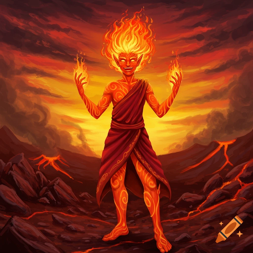 A fire genasi in a volcanic landscape