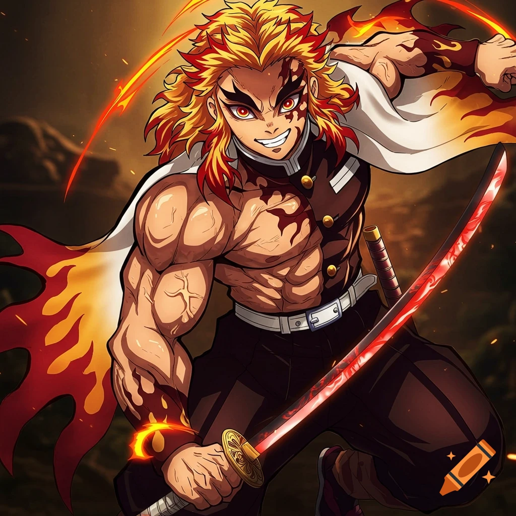 Anime character with spiky hair, bare chest, white cloak, holding a red sword with fire effects.