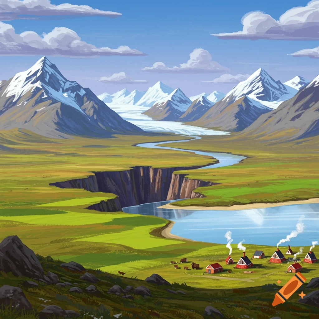 Vast tundra landscape with snow-capped mountains, river, canyon, lake, small village, and grazing animals.