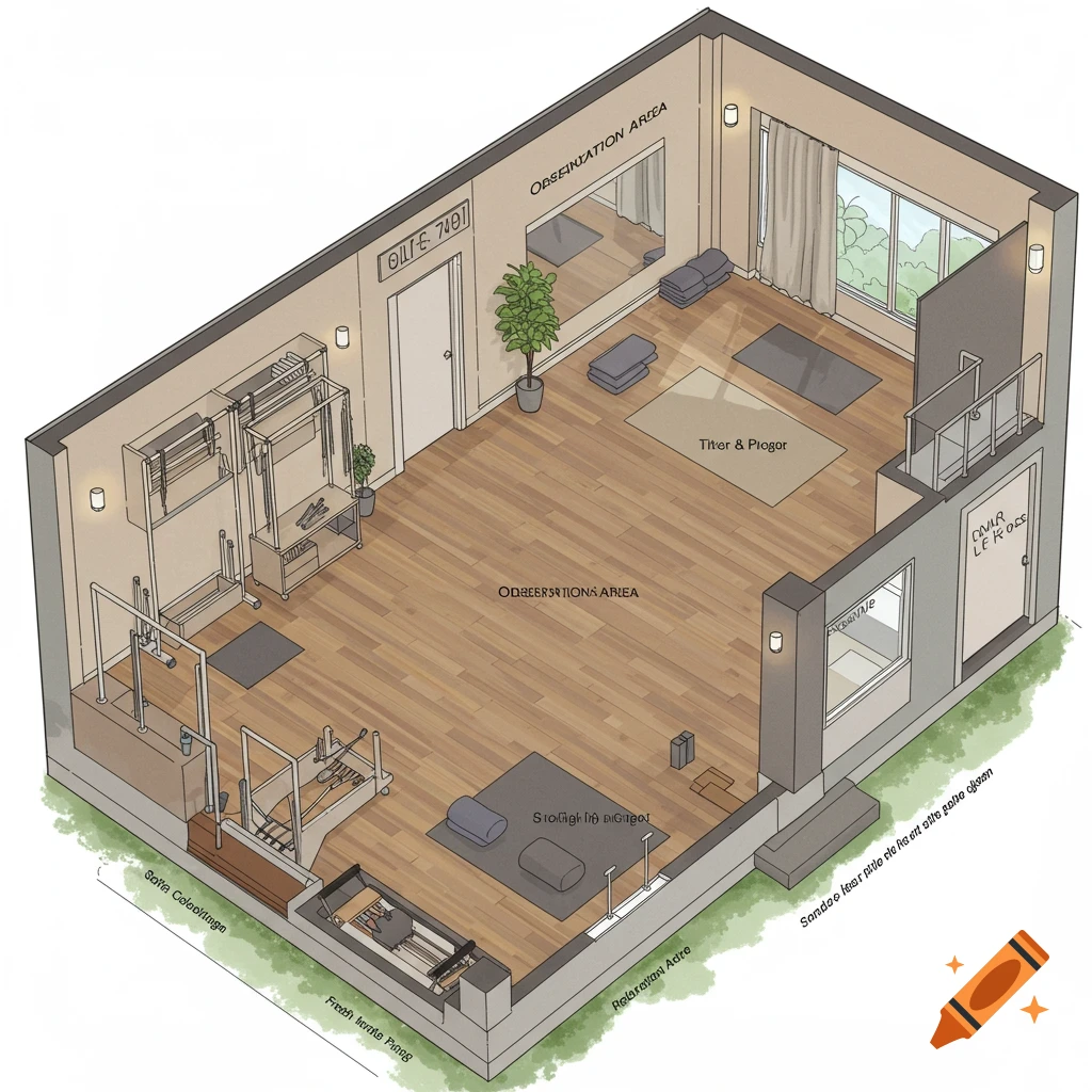 Isometric drawing of a yoga and pilates studio floor plan.