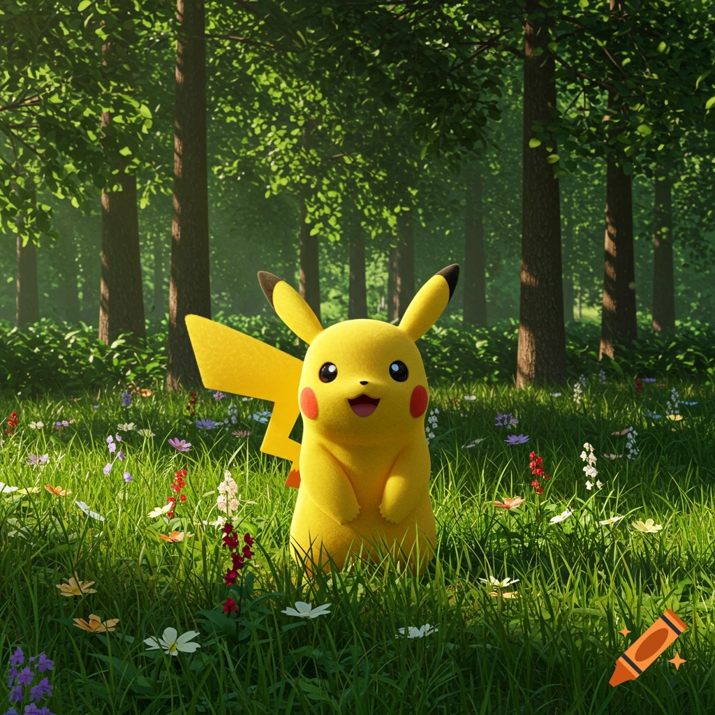 Pikachu stands in a sunny forest clearing surrounded by flowers.