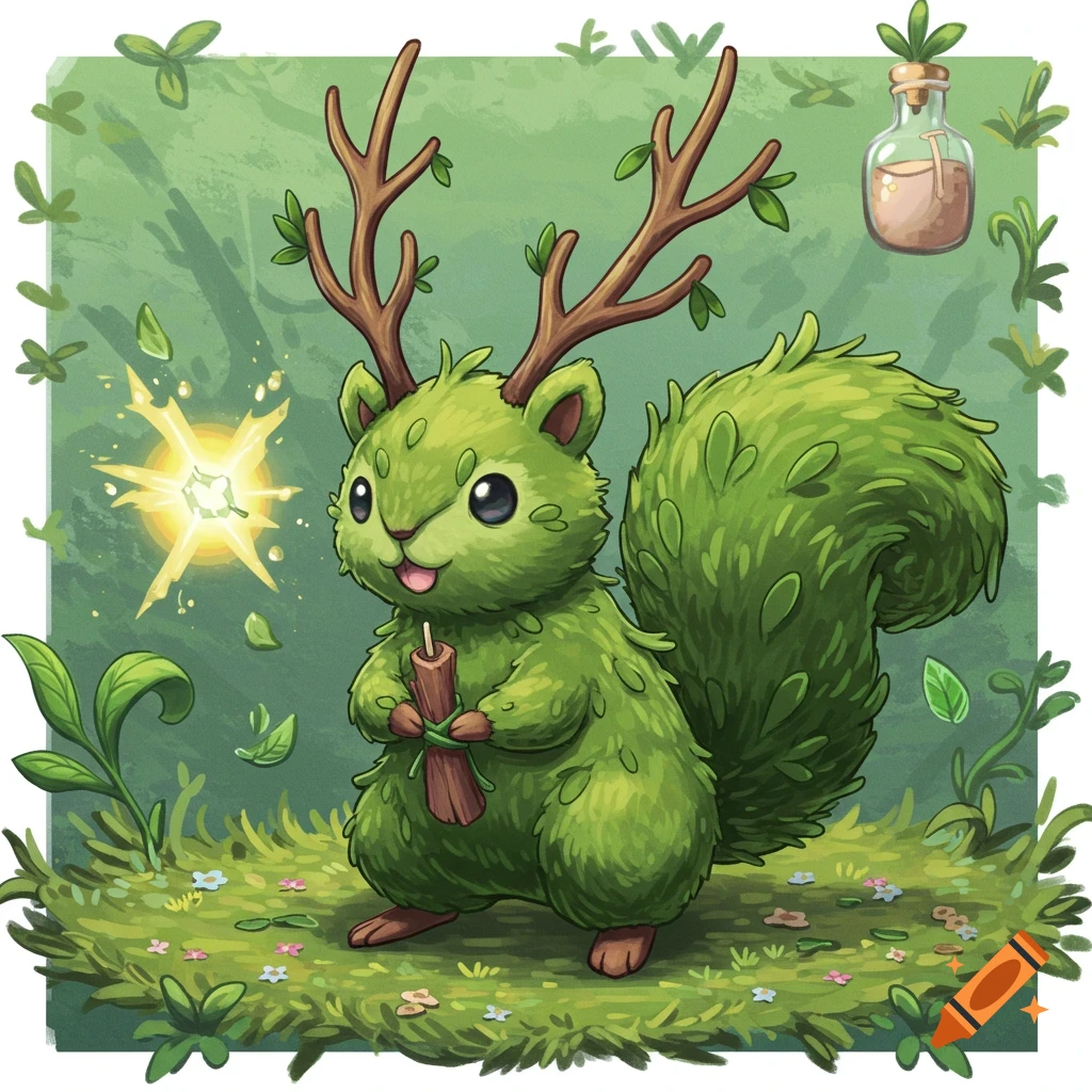 A cute mossy green squirrel-like creature with twig antlers holds a stick in a lush forest clearing.