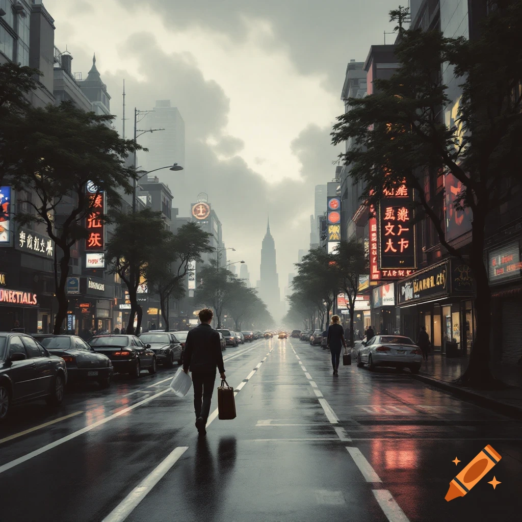 Two figures walk on a wet city street lined with buildings, cars, and neon signs under a cloudy sky, looking towards a distant skyscraper.