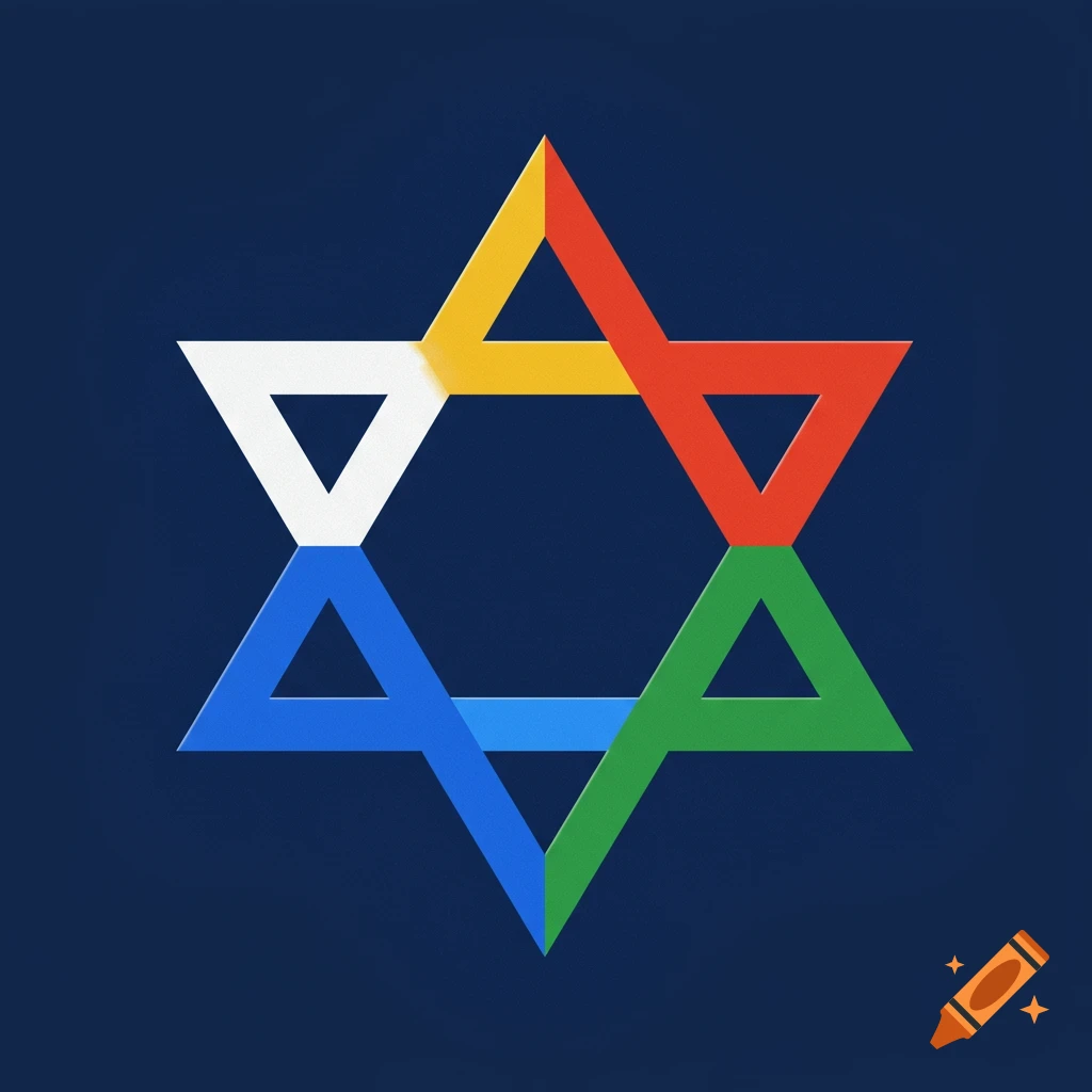 A geometric Star of David symbol composed of intersecting triangles in white, yellow, red, green, and blue, on a dark blue background.
