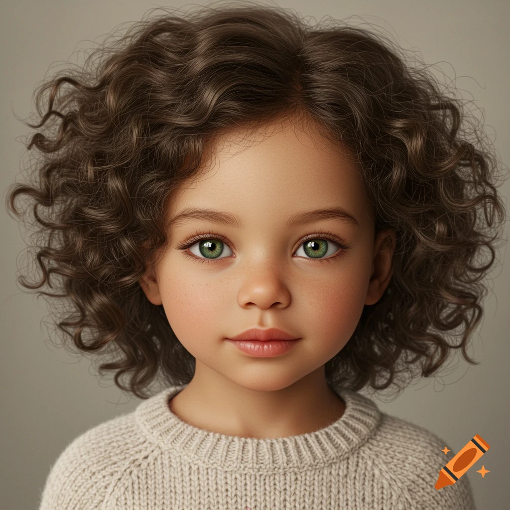 Realistic studio portrait of a young child with curly brown hair and green eyes, wearing a sweater.