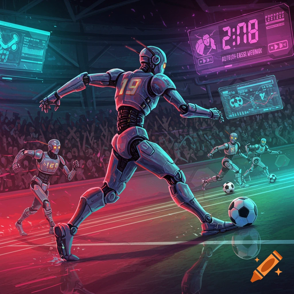 Robots playing soccer in a futuristic indoor stadium.