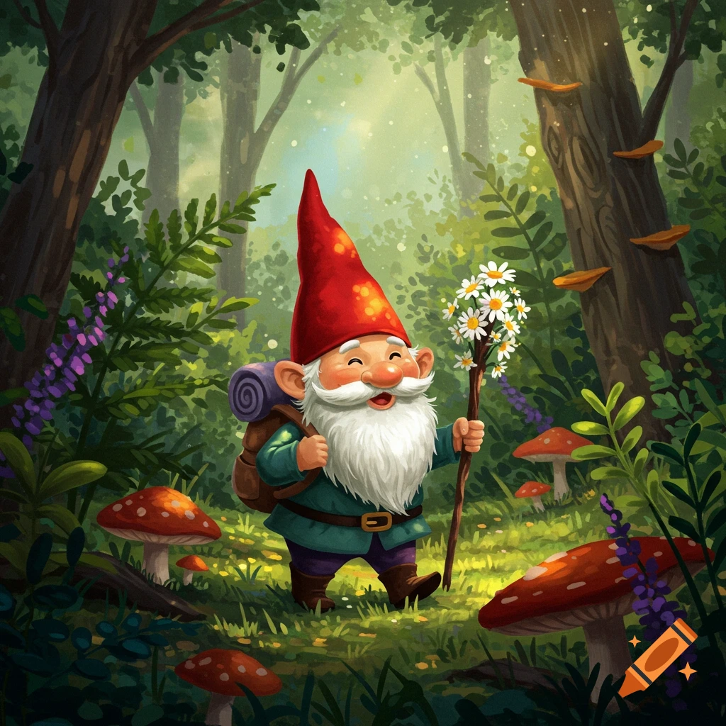 A cheerful gnome with a backpack and staff walks through a sunny forest with mushrooms.