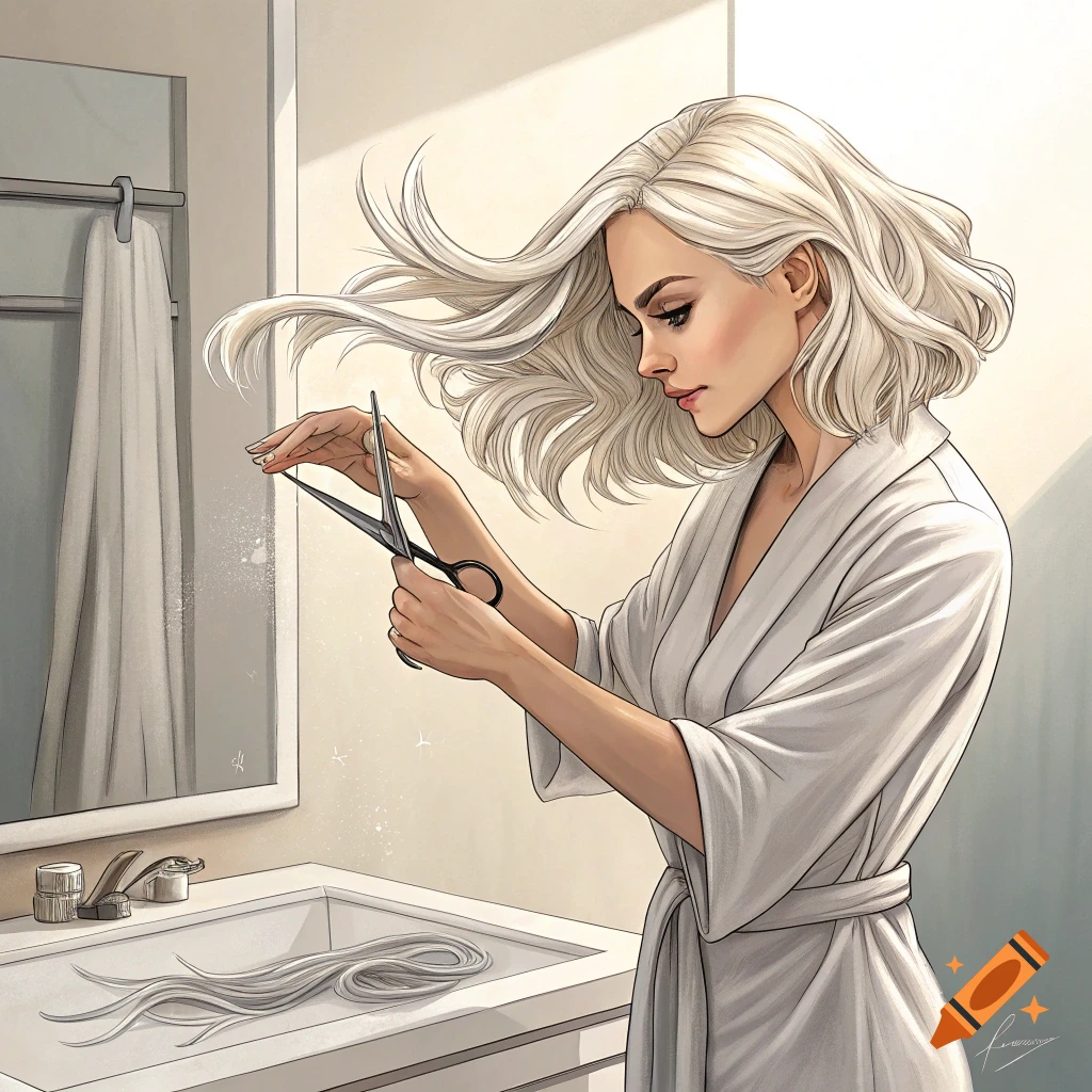 An illustration of a woman in a white robe cutting her hair over a bathroom sink.