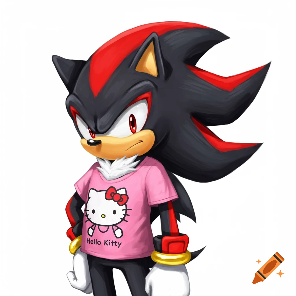 Shadow the Hedgehog wearing a pink Hello Kitty t-shirt.