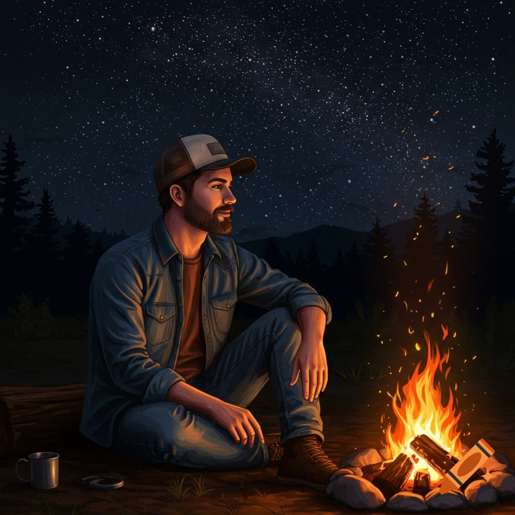 A man sitting by a campfire under a starry night sky.
