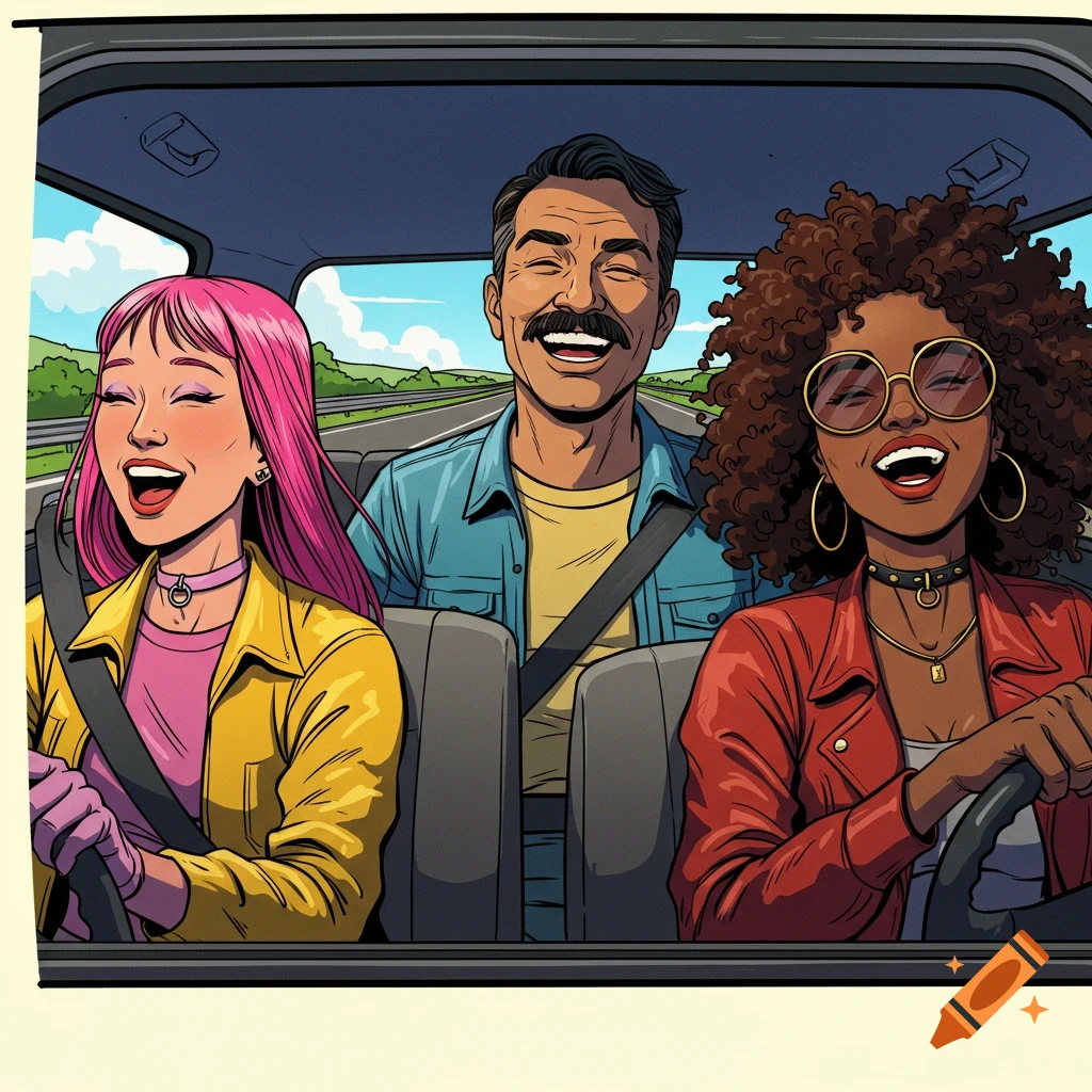 Illustration of three happy people laughing in a car.