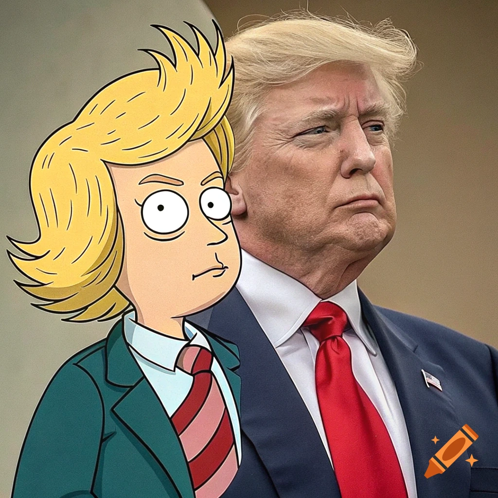 Cartoon character with spiky hair next to photorealistic image of Donald Trump