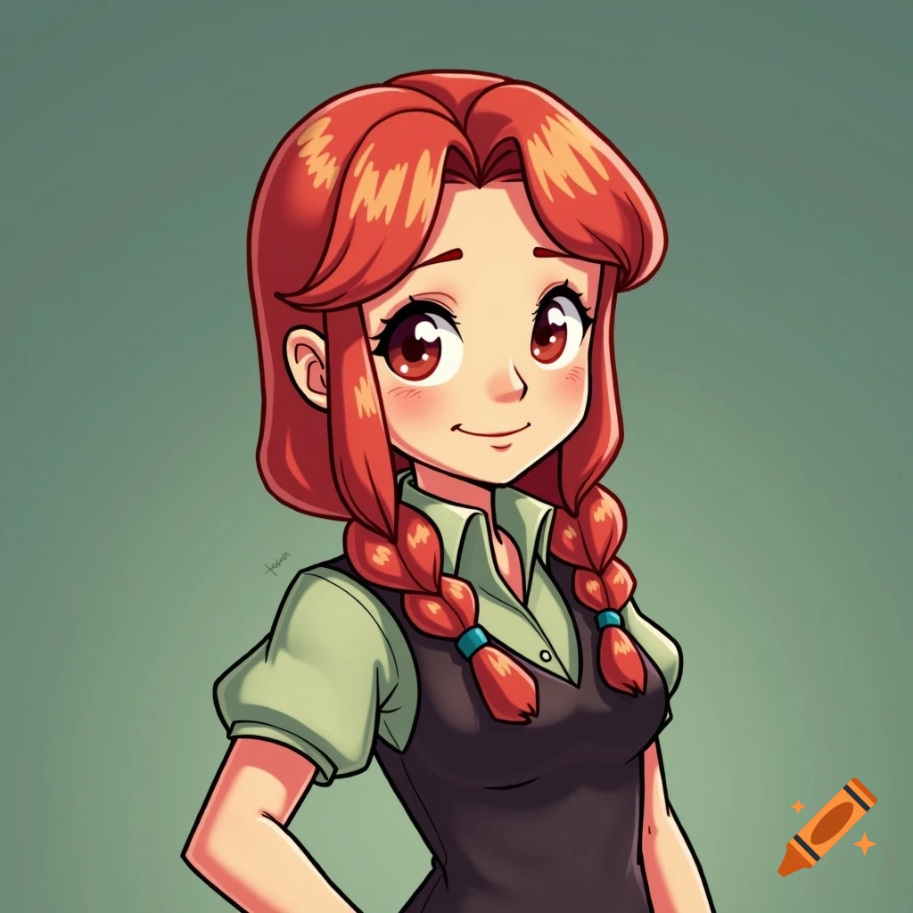 Cartoon portrait of Haley from Stardew Valley, with red hair in pigtails, smiling.