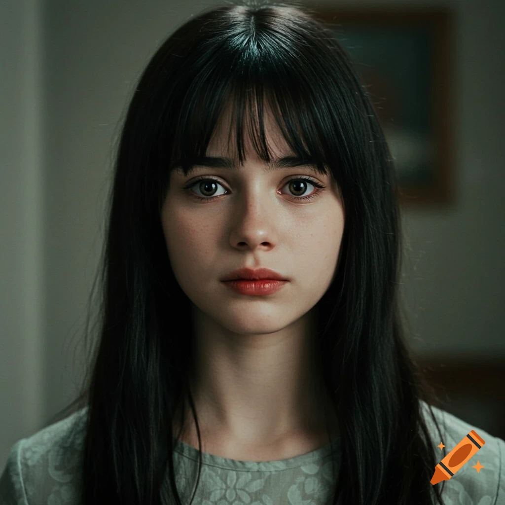 Close-up realistic portrait of a young woman with dark hair and bangs.