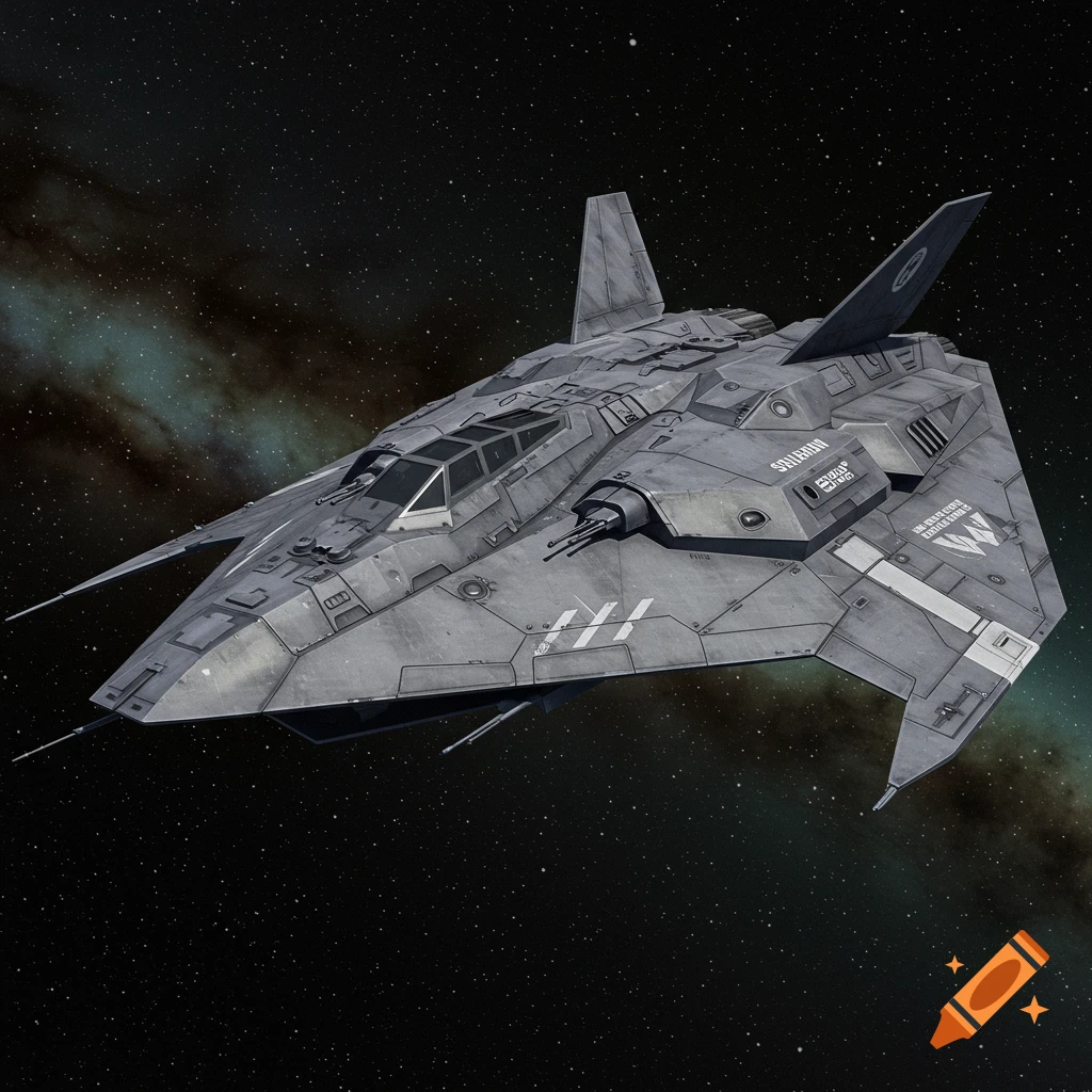 A sleek grey futuristic stealth spaceship flies through space with stars and a nebula in the background.
